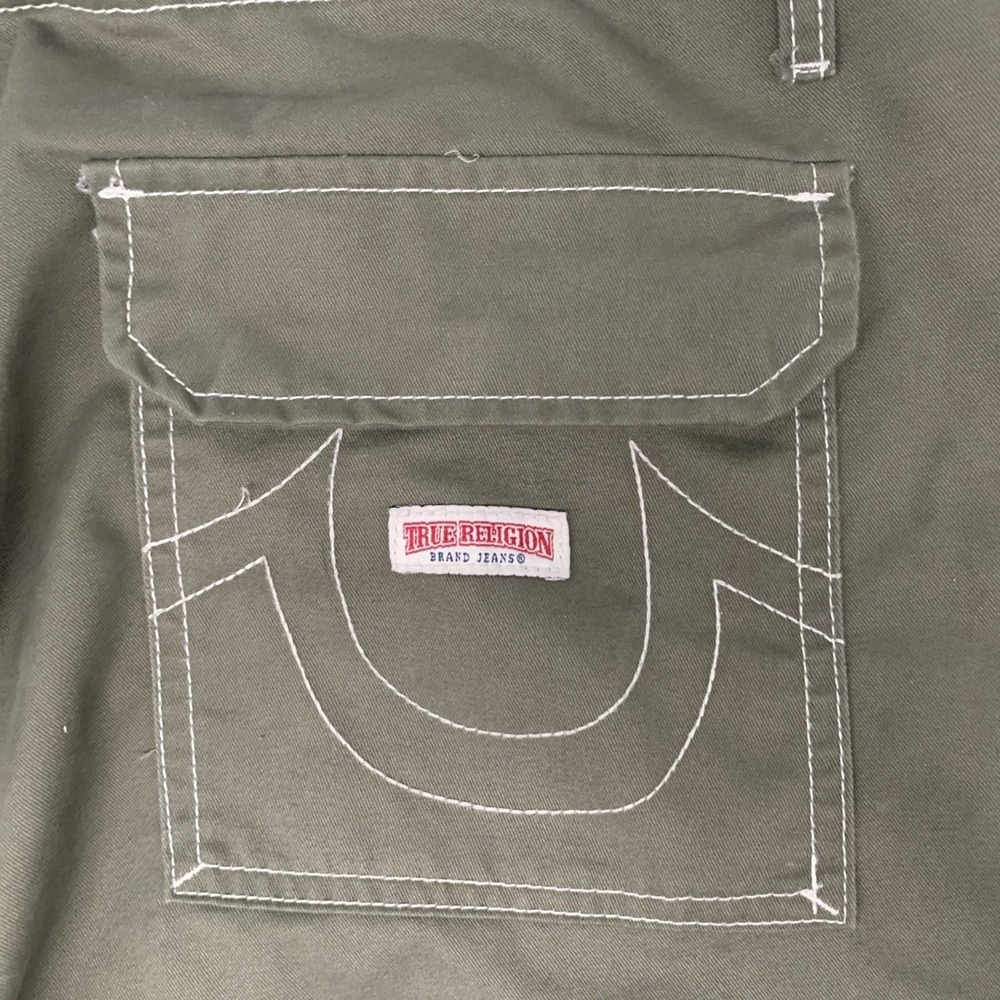 True Religion Cargo Pants Sz 38x32 Green Utility Streetwear White Stitching - Picture 10 of 11